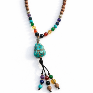 7 Chakra Wood Mala with Turquoise Stone Pendant