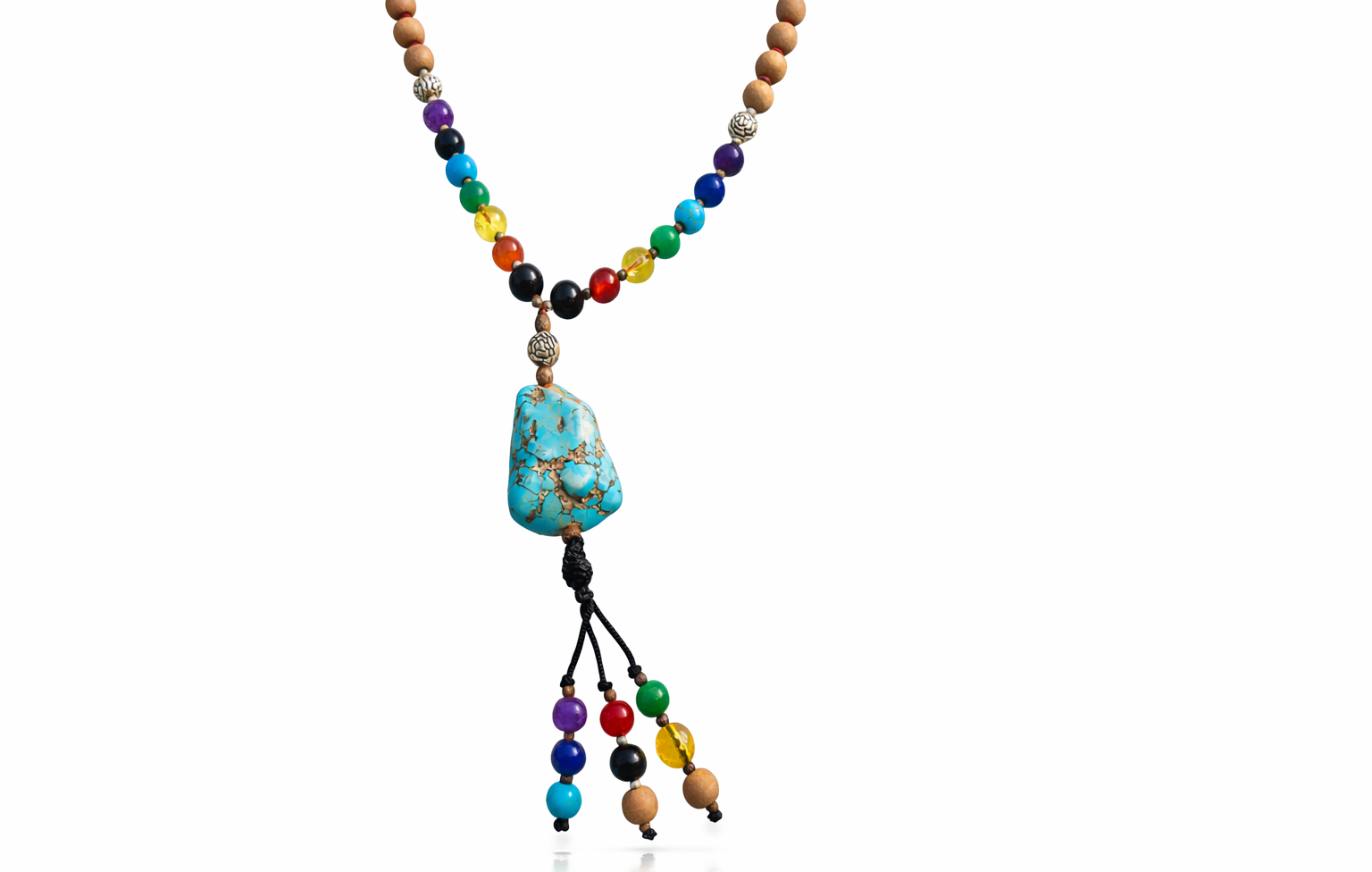 7 Chakra Wood Mala with Turquoise Stone Pendant