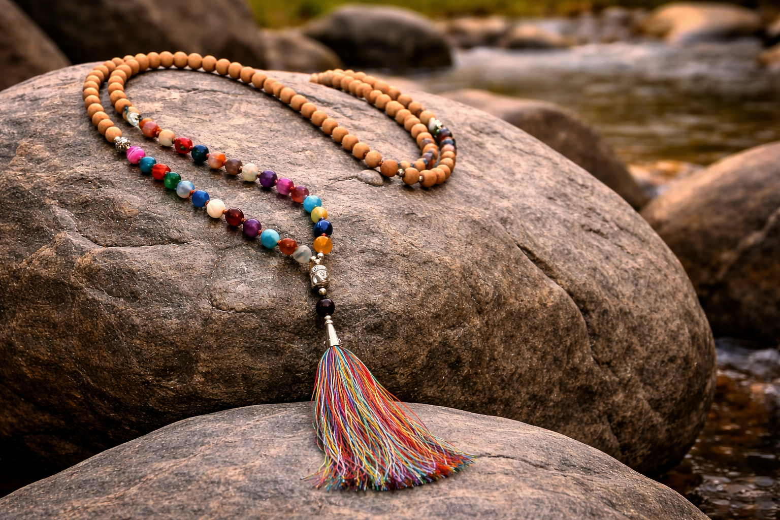 Multi Quartz Wood Mala with Chakra Stones & Tassel